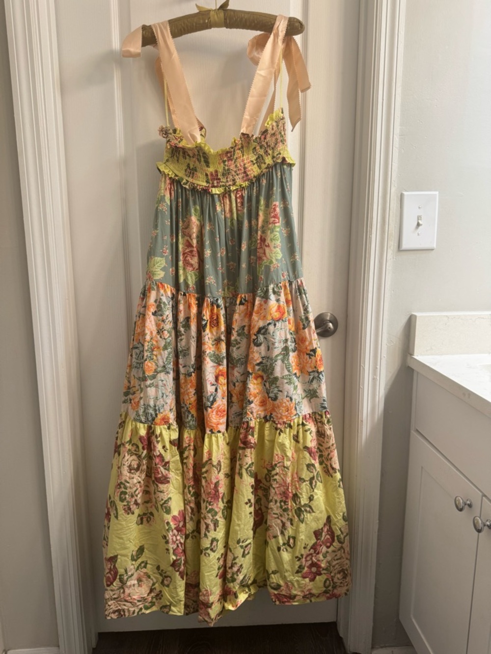 FREE PEOPLE Floral Tiered Maxi Dress with Pink Bow Straps XS - Picture 4 of 11